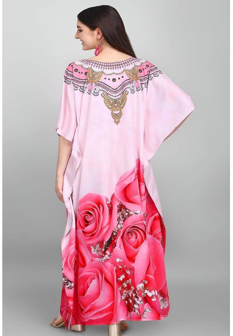 Multicolor digital printed stone work polyester crepe kaftan full- stitched - free size 