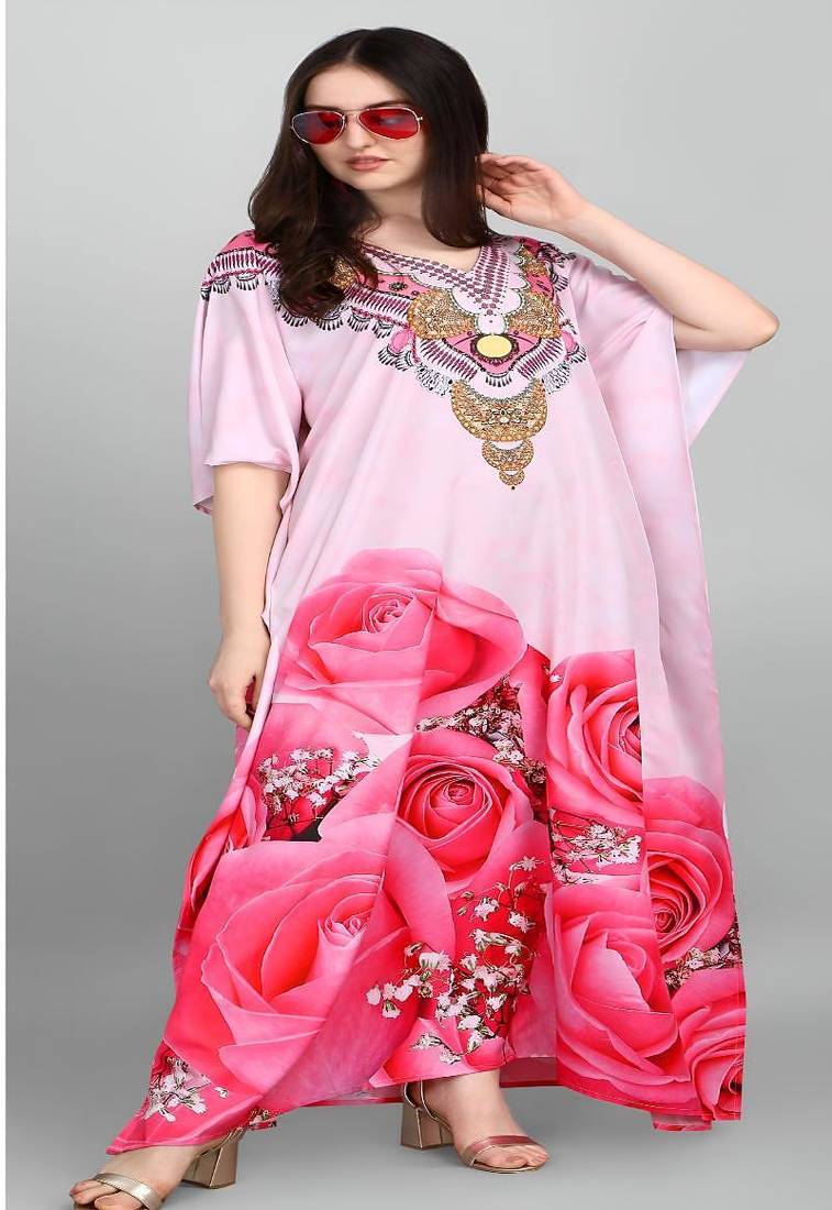 Multicolor digital printed stone work polyester crepe kaftan full- stitched - free size 