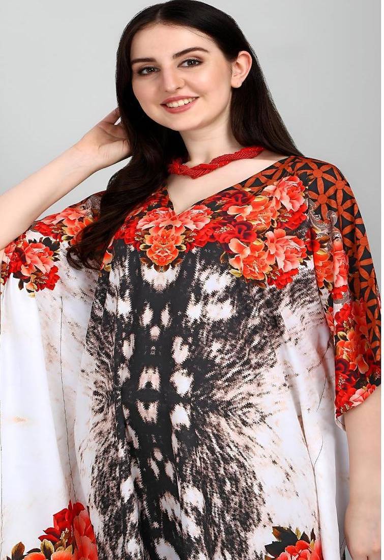 Multicolor digital printed stone work polyester crepe kaftan full- stitched - free size 
