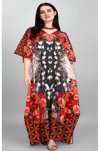 Multicolor digital printed stone work polyester crepe kaftan full- stitched - free size 