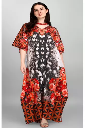 Multicolor digital printed stone work polyester crepe kaftan full- stitched - free size 