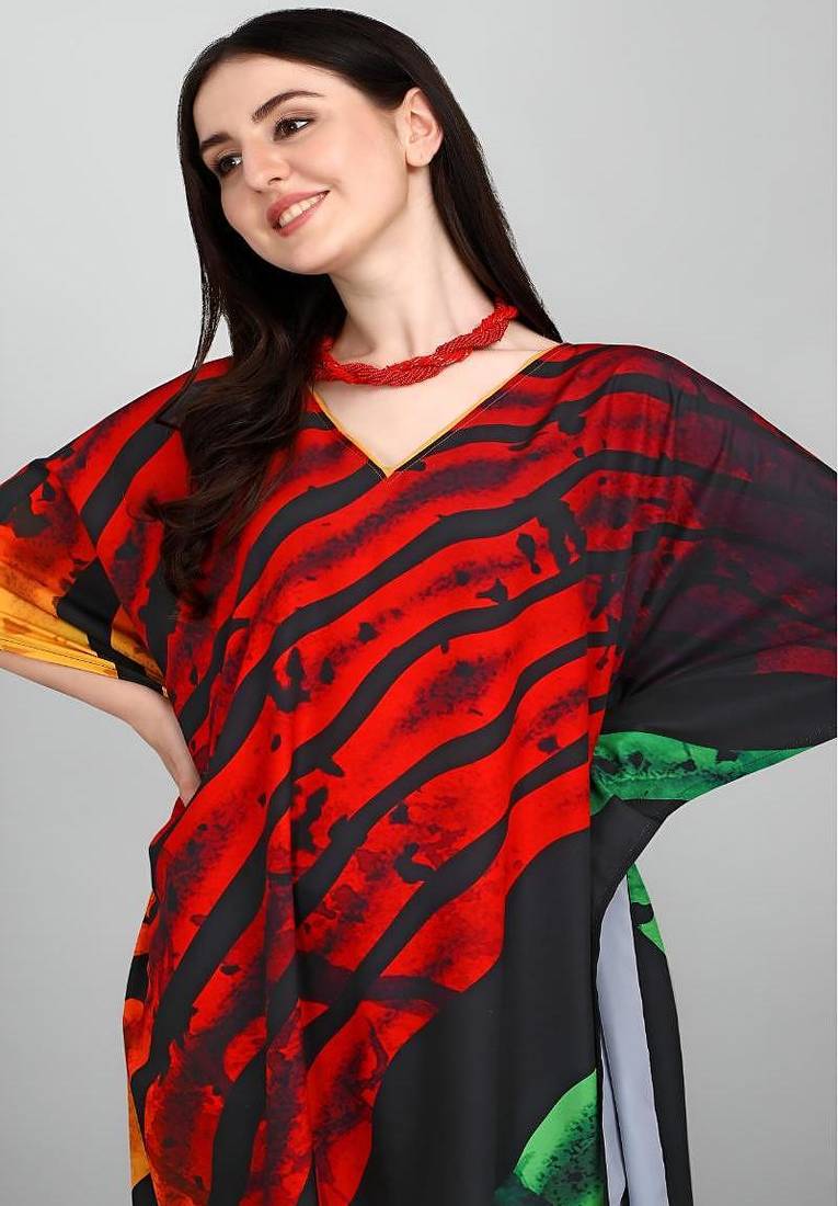 Multicolor digital printed stone work polyester crepe kaftan full- stitched - free size 