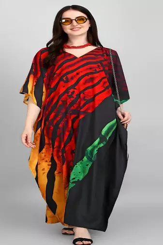 Multicolor digital printed stone work polyester crepe kaftan full- stitched - free size 