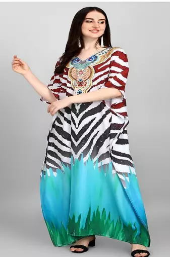 Multicolor digital printed stone work polyester crepe kaftan full- stitched - free size 