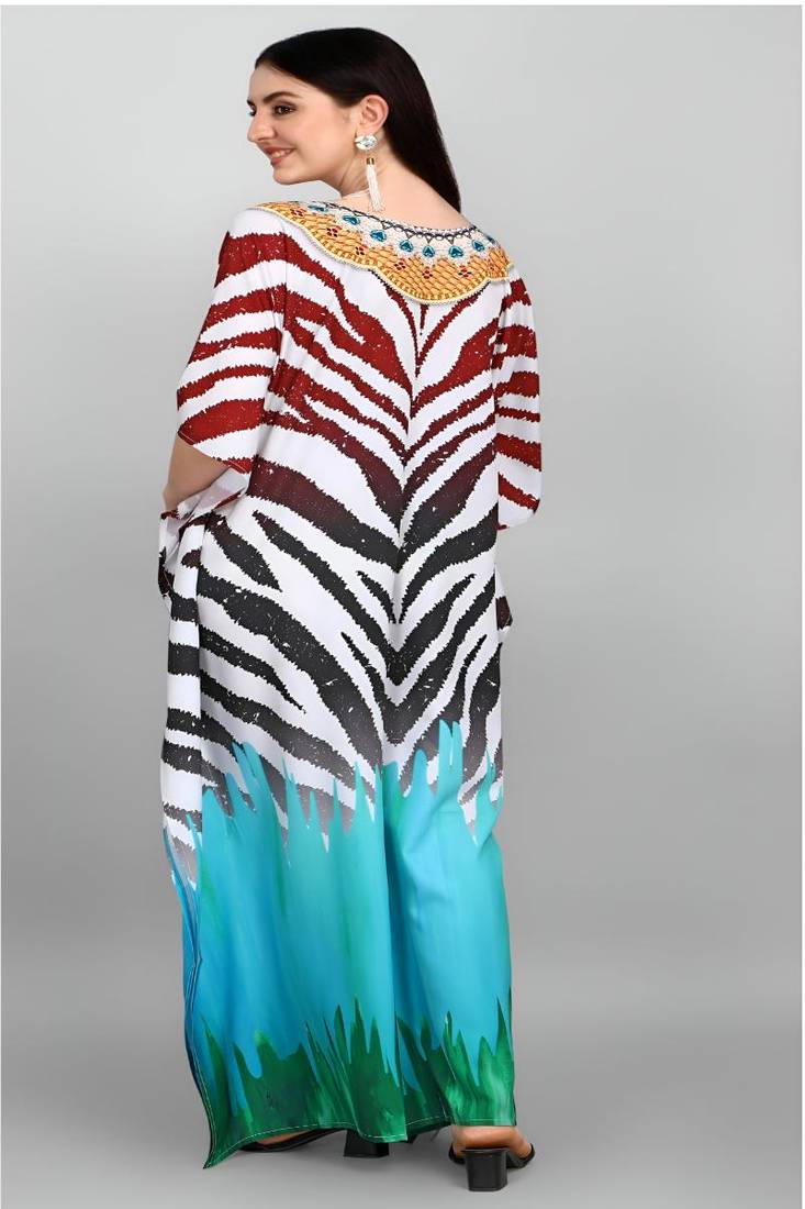 Multicolor digital printed stone work polyester crepe kaftan full- stitched - free size 