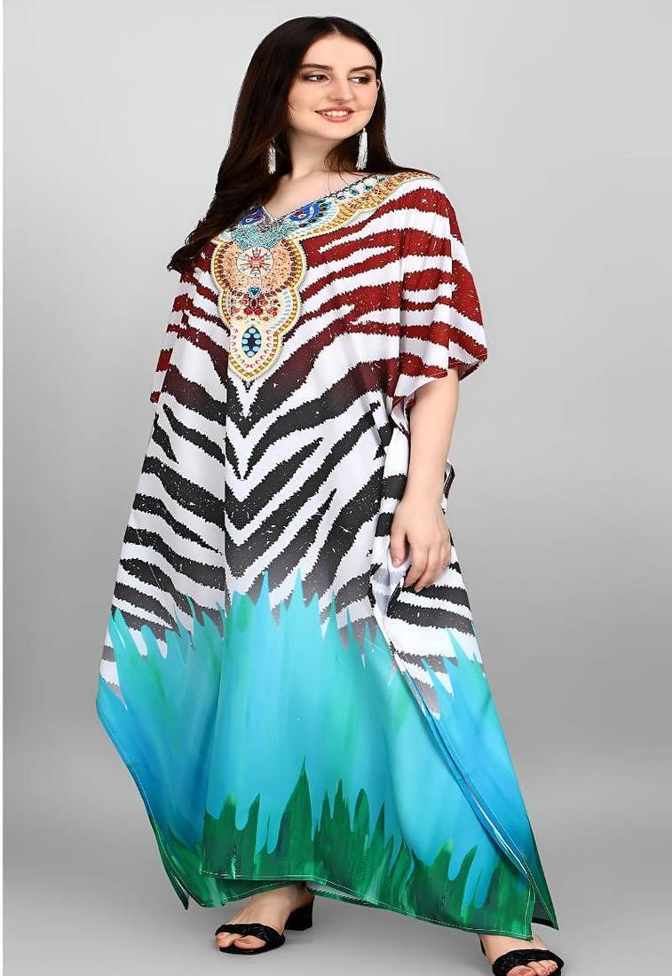 Multicolor digital printed stone work polyester crepe kaftan full- stitched - free size 