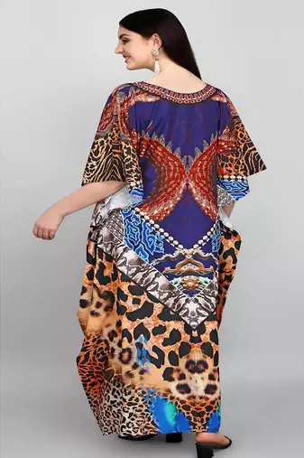 Multicolor digital printed stone work polyester crepe kaftan full- stitched - free size 