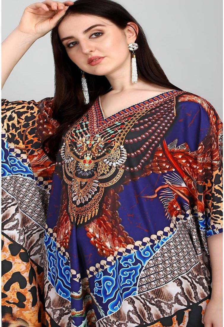Multicolor digital printed stone work polyester crepe kaftan full- stitched - free size 