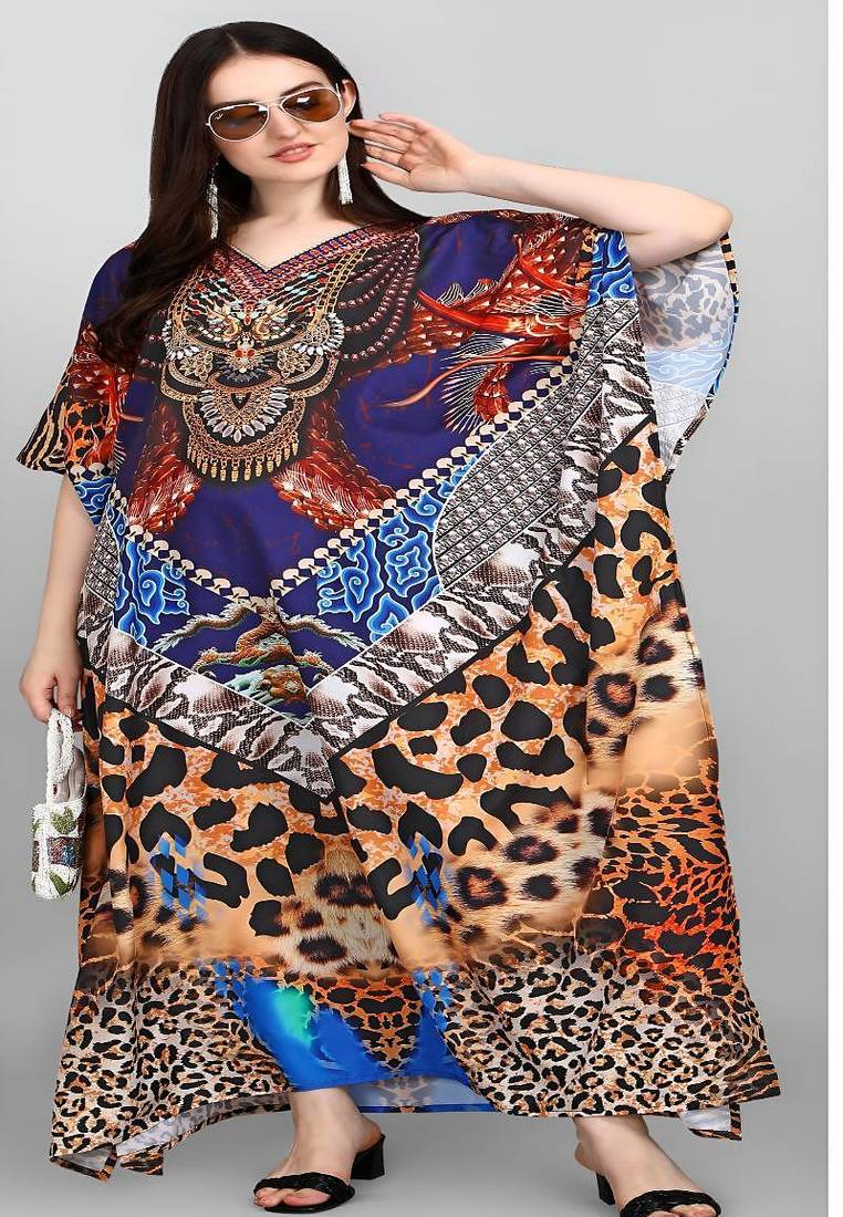 Multicolor digital printed stone work polyester crepe kaftan full- stitched - free size 