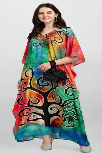 Multicolor digital printed stone work polyester crepe kaftan full- stitched - free size 