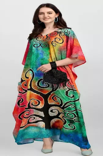 Multicolor digital printed stone work polyester crepe kaftan full- stitched - free size 