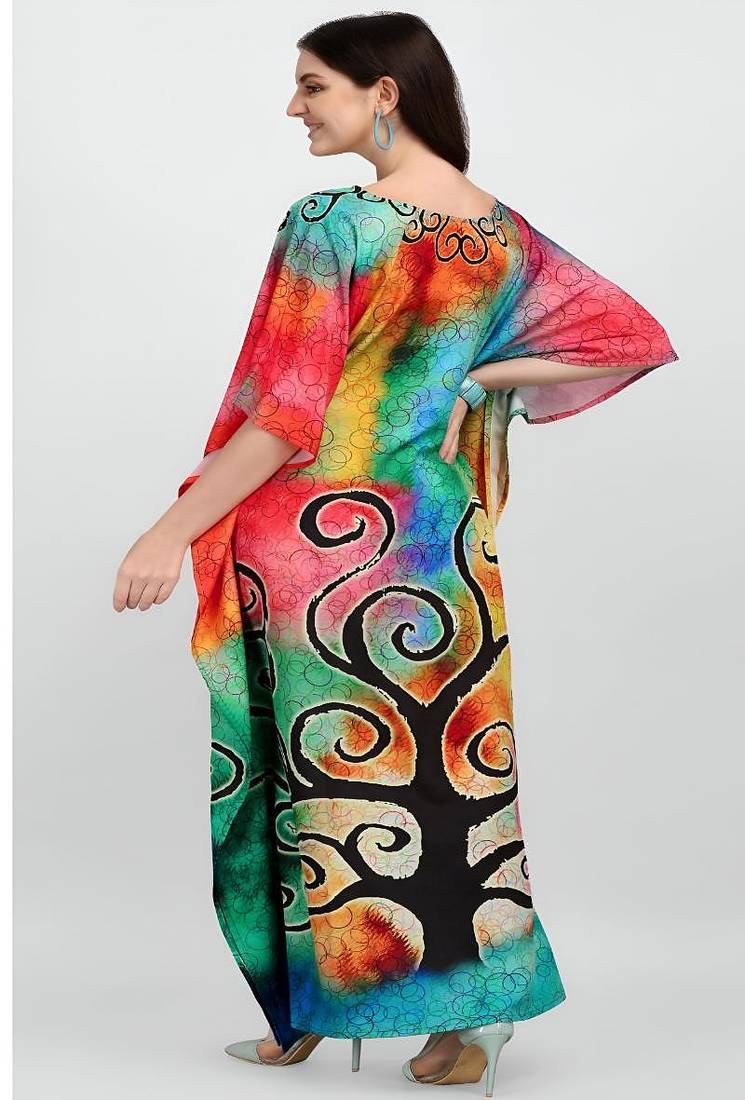 Multicolor digital printed stone work polyester crepe kaftan full- stitched - free size 