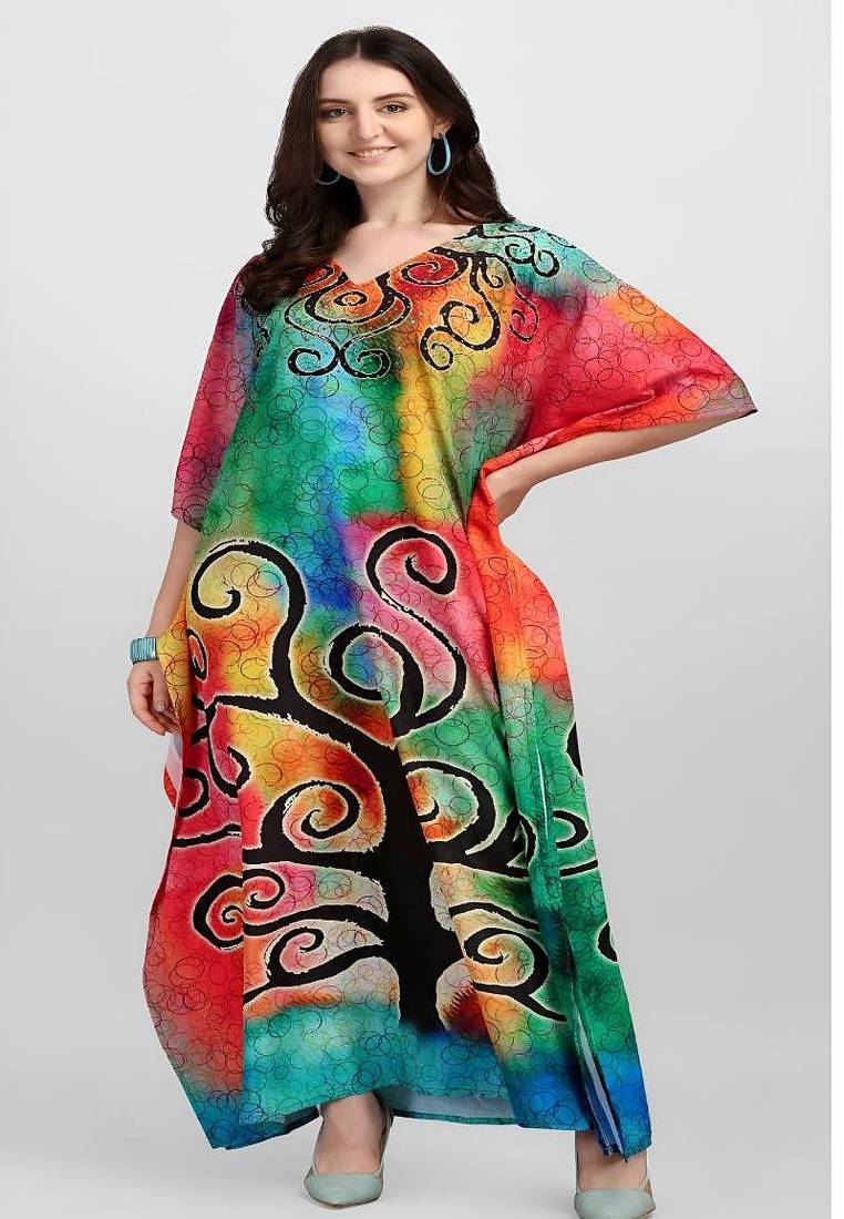 Multicolor digital printed stone work polyester crepe kaftan full- stitched - free size 