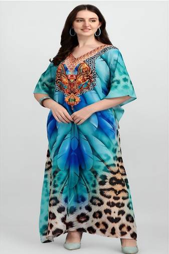 Multicolor digital printed stone work polyester crepe kaftan full- stitched - free size 