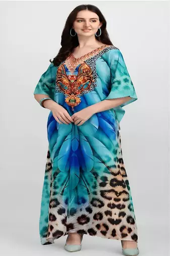 Multicolor digital printed stone work polyester crepe kaftan full- stitched - free size 