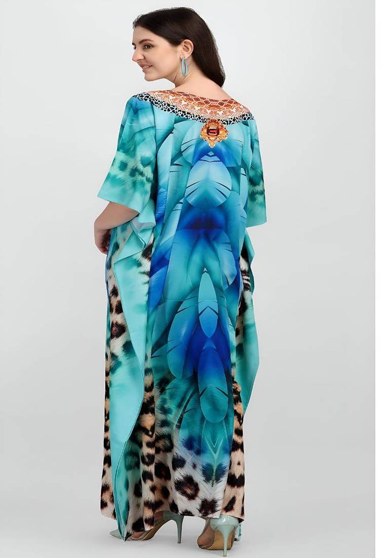 Multicolor digital printed stone work polyester crepe kaftan full- stitched - free size 