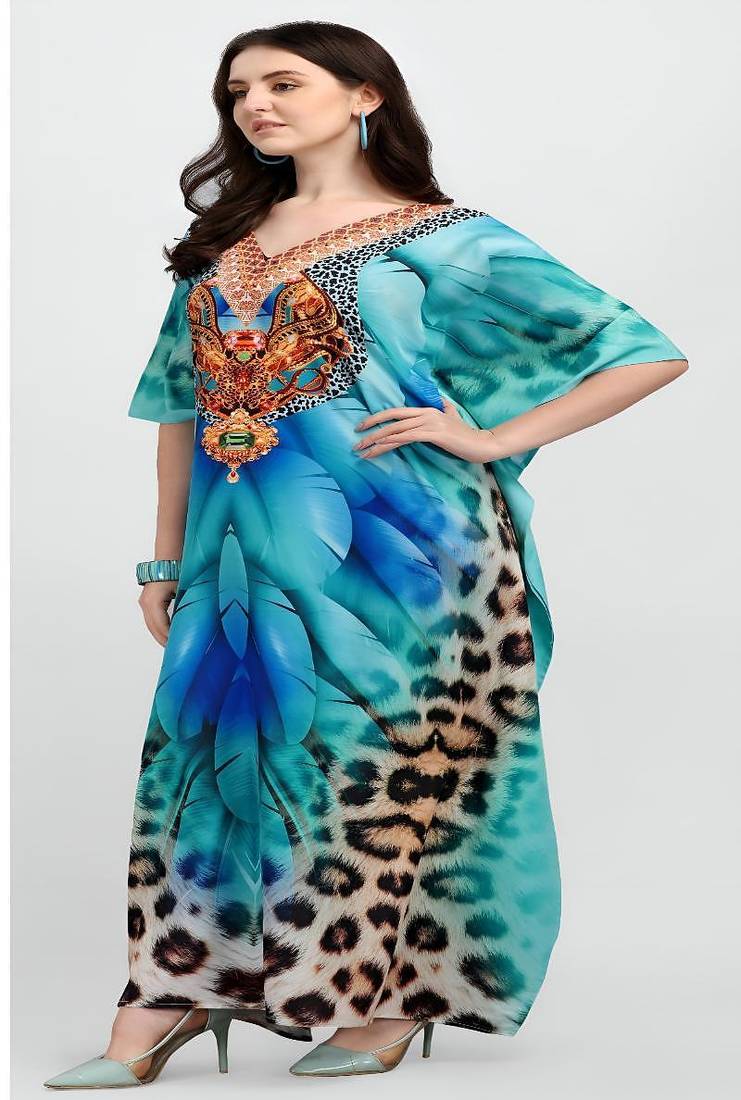 Multicolor digital printed stone work polyester crepe kaftan full- stitched - free size 