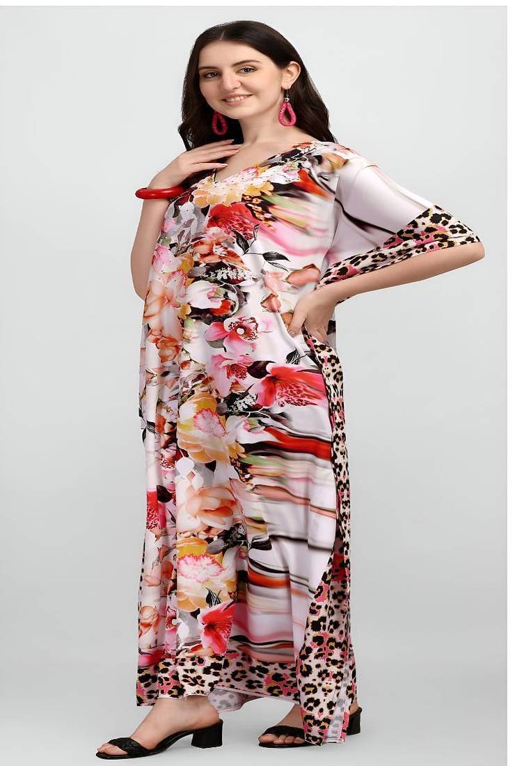 Multicolor digital printed stone work polyester crepe kaftan full- stitched - free size 