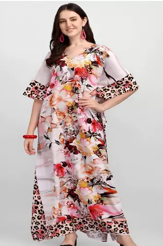 Multicolor digital printed stone work polyester crepe kaftan full- stitched - free size 