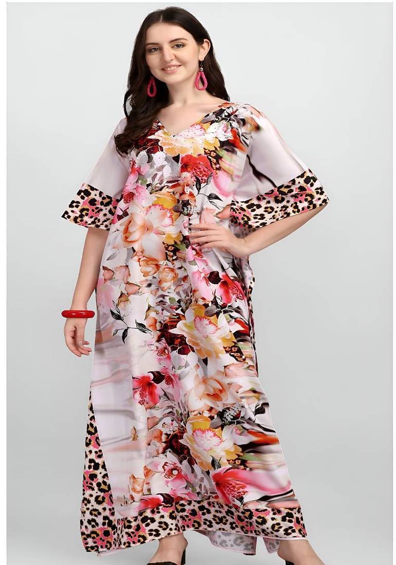 Multicolor digital printed stone work polyester crepe kaftan full- stitched - free size 