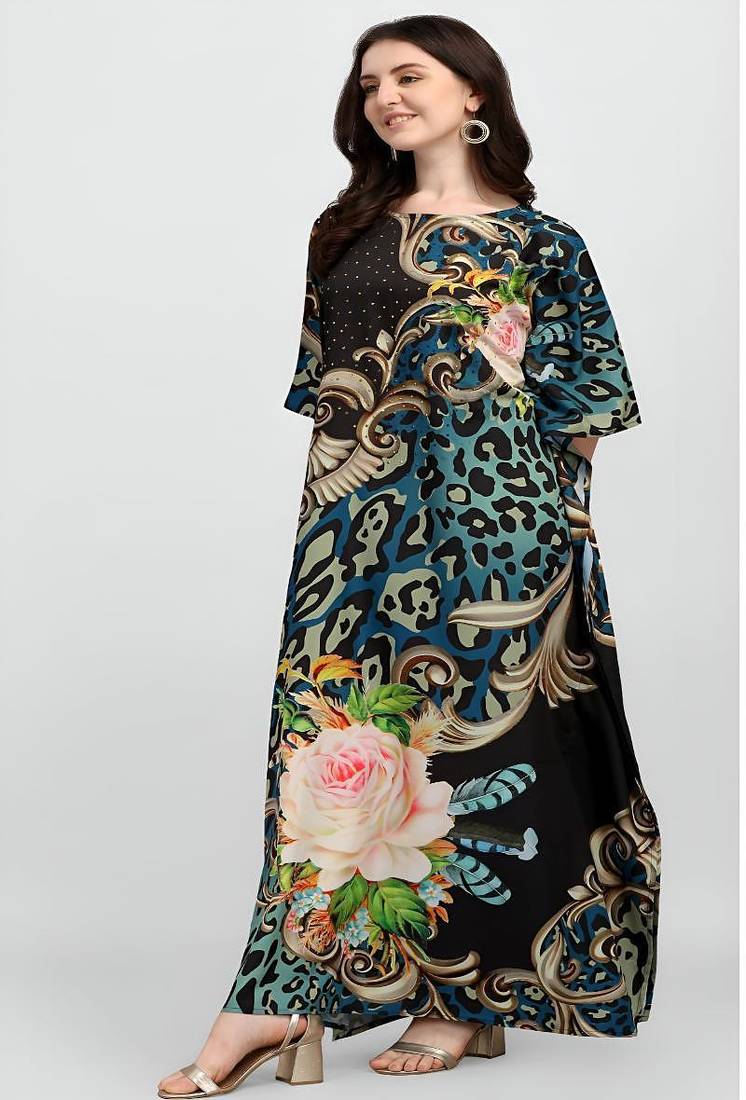 Multicolor digital printed stone work polyester crepe kaftan full- stitched - free size 
