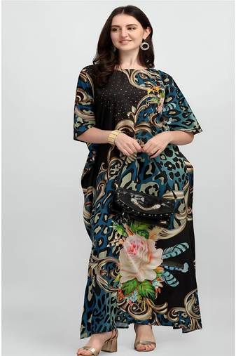 Multicolor digital printed stone work polyester crepe kaftan full- stitched - free size 