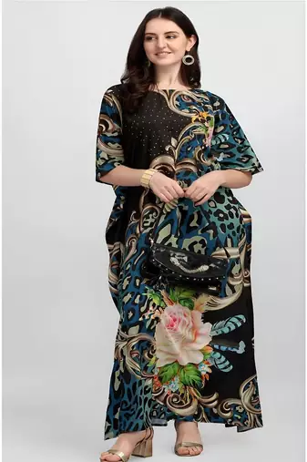 Multicolor digital printed stone work polyester crepe kaftan full- stitched - free size 