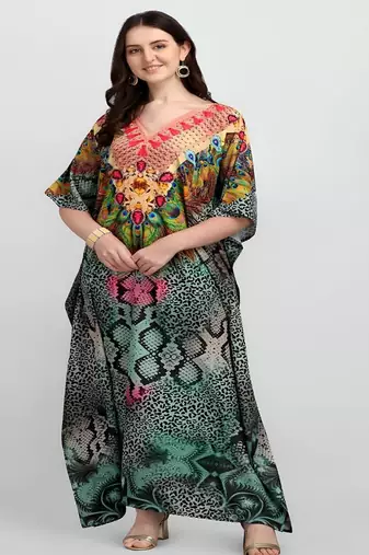 Multicolor digital printed stone work polyester crepe kaftan full- stitched - free size 