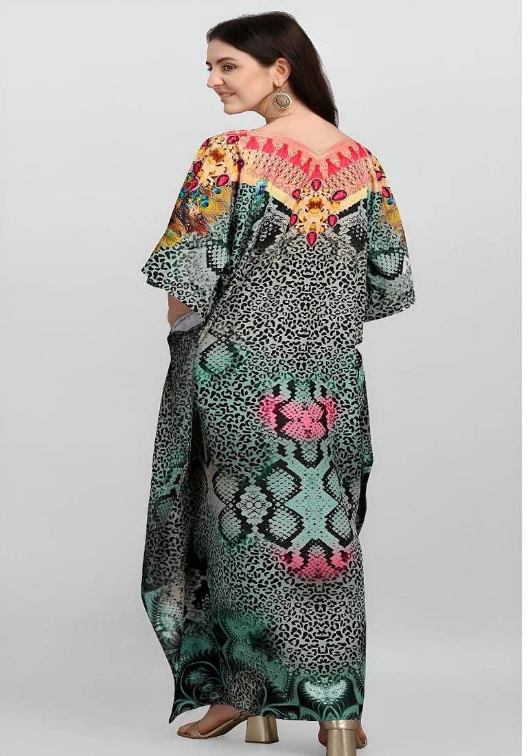 Multicolor digital printed stone work polyester crepe kaftan full- stitched - free size 