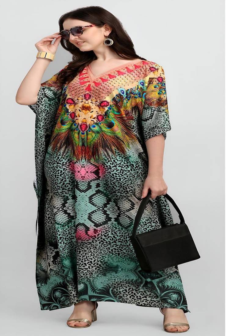 Multicolor digital printed stone work polyester crepe kaftan full- stitched - free size 