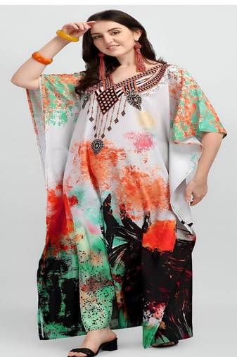 Multicolor digital printed stone work polyester crepe kaftan full- stitched - free size 
