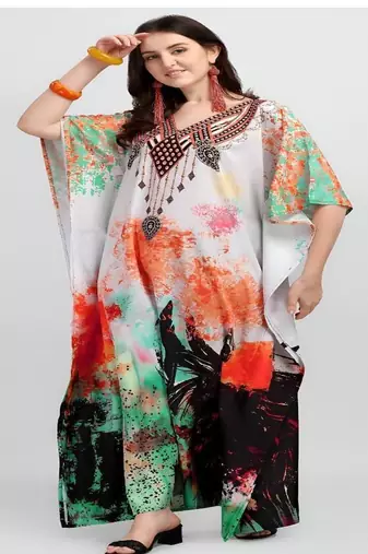 Multicolor digital printed stone work polyester crepe kaftan full- stitched - free size 