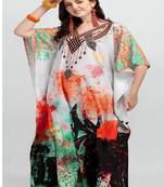Multicolor digital printed stone work polyester crepe kaftan full- stitched - free size 