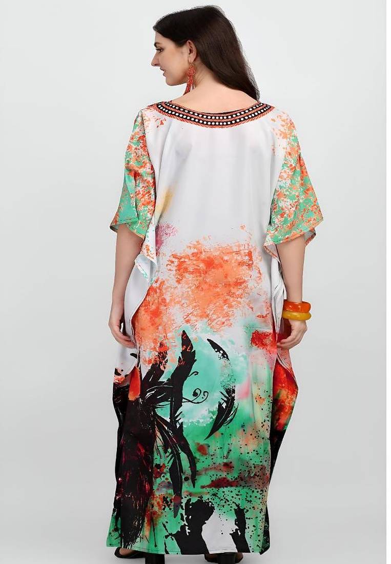 Multicolor digital printed stone work polyester crepe kaftan full- stitched - free size 