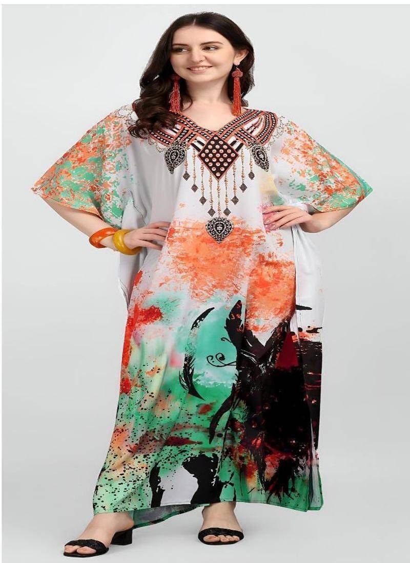 Multicolor digital printed stone work polyester crepe kaftan full- stitched - free size 