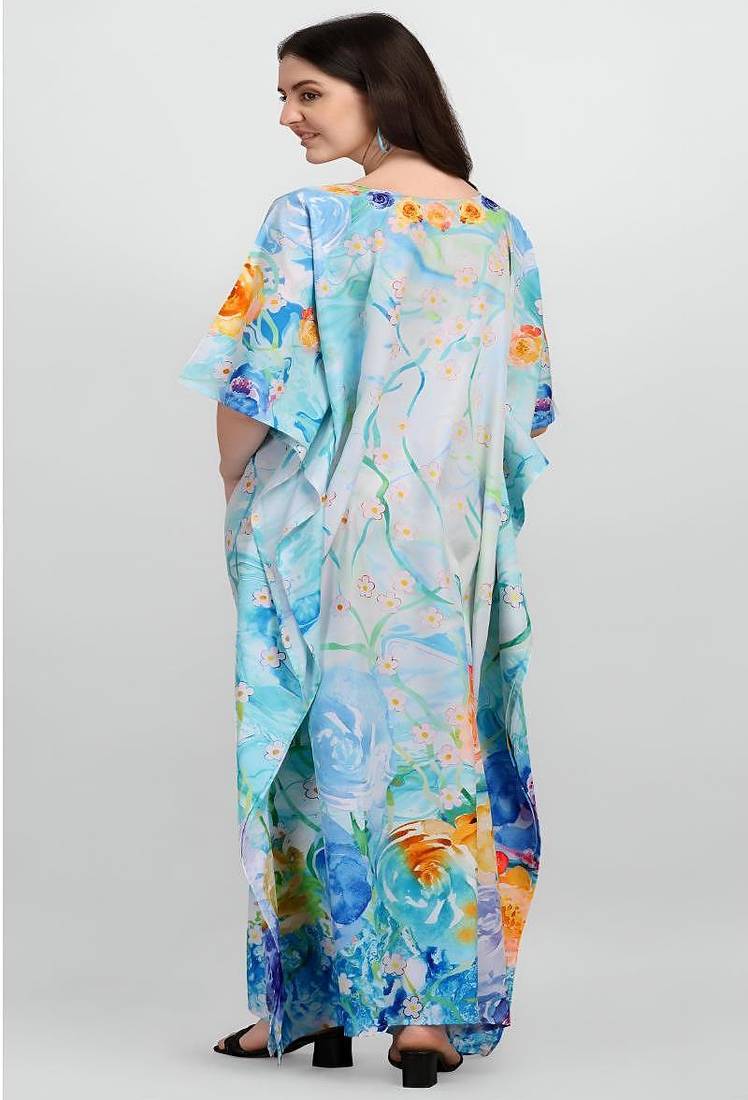 Multicolor digital printed stone work polyester crepe kaftan full- stitched - free size 