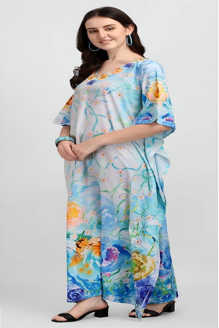 Multicolor digital printed stone work polyester crepe kaftan full- stitched - free size 