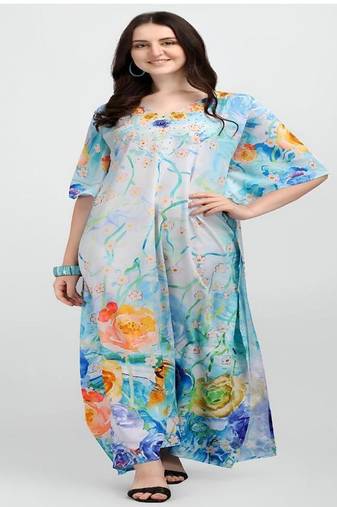 Multicolor digital printed stone work polyester crepe kaftan full- stitched - free size 