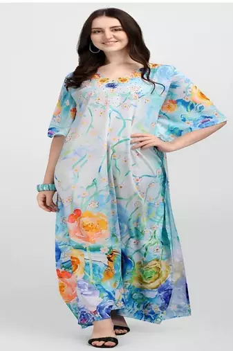 Multicolor digital printed stone work polyester crepe kaftan full- stitched - free size 