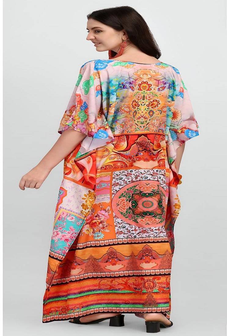 Multicolor digital printed stone work polyester crepe kaftan full- stitched - free size 