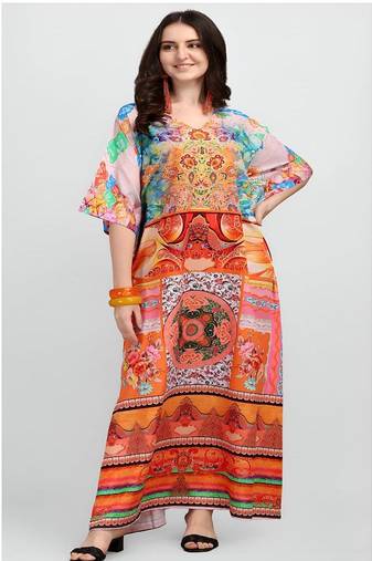 Multicolor digital printed stone work polyester crepe kaftan full- stitched - free size 