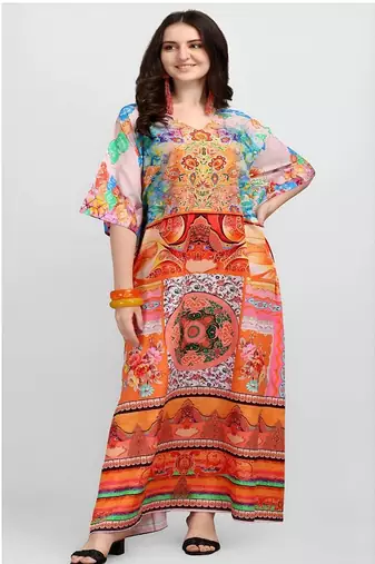 Multicolor digital printed stone work polyester crepe kaftan full- stitched - free size 