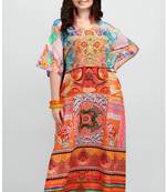 Multicolor digital printed stone work polyester crepe kaftan full- stitched - free size 