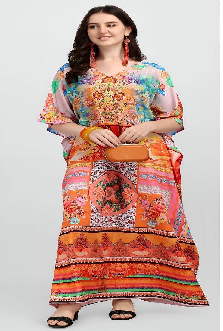 Multicolor digital printed stone work polyester crepe kaftan full- stitched - free size 