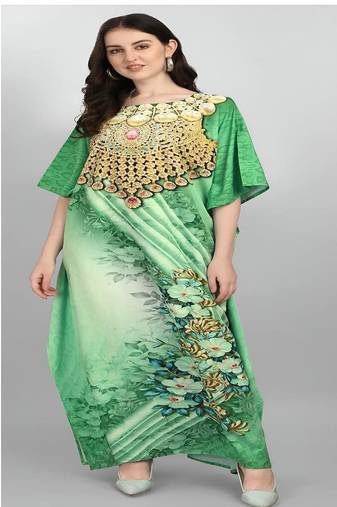 Multicolor digital printed stone work polyester crepe kaftan full- stitched - free size 