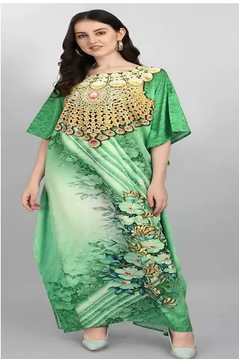 Multicolor digital printed stone work polyester crepe kaftan full- stitched - free size 