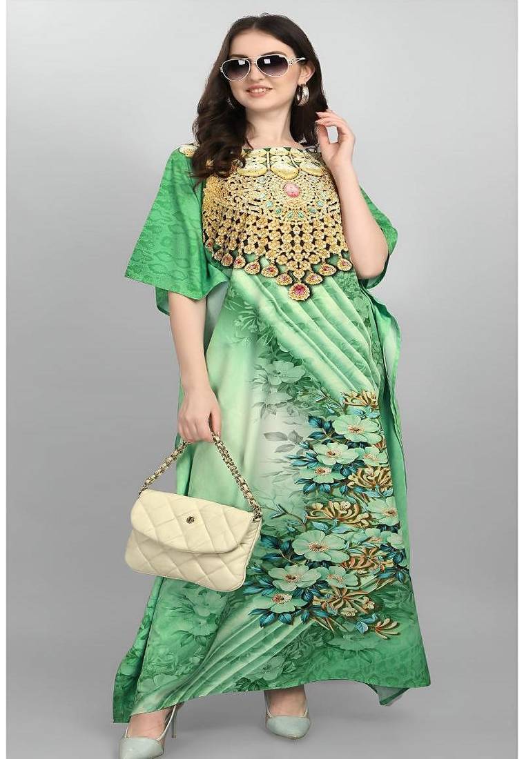 Multicolor digital printed stone work polyester crepe kaftan full- stitched - free size 