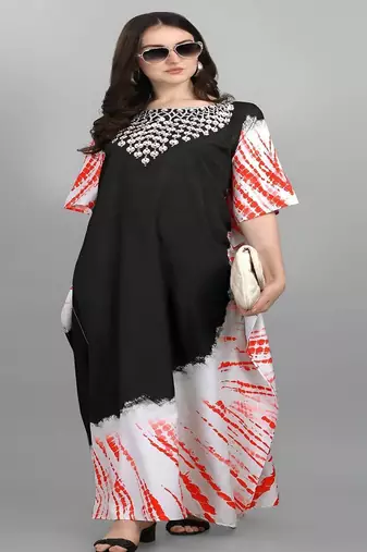 Multicolor digital printed stone work polyester crepe kaftan full- stitched - free size 