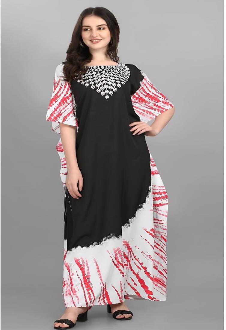 Multicolor digital printed stone work polyester crepe kaftan full- stitched - free size 