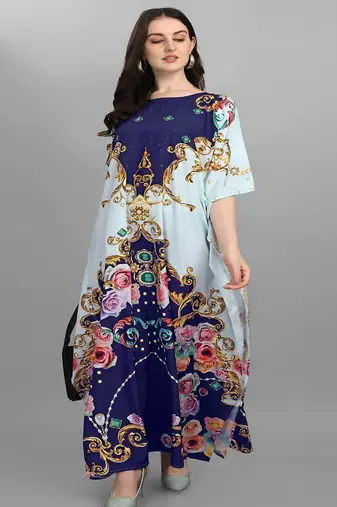 Multicolor digital printed stone work polyester crepe kaftan full- stitched - free size 